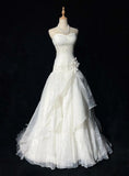 Charming Women's Mermaid Sweetheart White Tulle Pleated With Flowers Long Wedding Dresses HZ0311