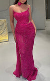 Mermaid Prom Dresses Strapless Sexy Special Slit Dress Sequins Hot Pink Party Gowns HZ0311