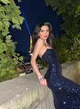 Sparkly Mermaid Spaghetti Straps Navy Blue Sequins Long Evening Dresses HZ0311