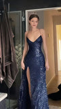 Modest Mermaid V Neckline Marine Ball Dresses Long Formal Gowns Navy Blue Sequin Slit Prom Dresses Evening Gowns HZ0311