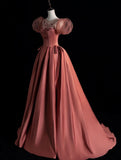 Classy Ball Gown Scoop Pink Satin With Short Sleeves Long Inspo For Women Girls Formal Party Gowns Long Formal Prom Dresses HZ0311