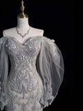 Timeless Women's Mermaid Off The Shoulder Silver Gray Long Sleeves Lace Beaded Wedding Dresses With Beads for Brides Dress HZ0311