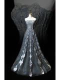 Vintage Ball Gown Strapless Gray Silver Lace Sequin Tulle Prom Dresses For Teens Formal Dress Party Outfits Prom Gowns HZ0311