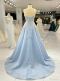 Modest A line Sweetheart Light Sky Blue Tulle Sequin Long Prom Dresses For Teens Formal Dress Party Outfits Prom Gowns HZ0311