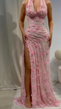 Classy Mermaid Halter V Neck Pink Lace With High Slit Prom Dress Aesthetic For Teens Formal Dresses Party Outfits Prom Gown HZ0311