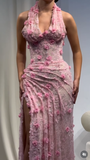 Classy Mermaid Halter V Neck Pink Lace With High Slit Prom Dress Aesthetic For Teens Formal Dresses Party Outfits Prom Gown HZ0311