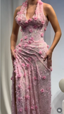 Classy Mermaid Halter V Neck Pink Lace With High Slit Prom Dress Aesthetic For Teens Formal Dresses Party Outfits Prom Gown HZ0311