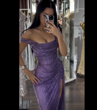Shinning Mermaid Off The Shoulder Lilac Slit Sequins For Women Party Dresses Long Formal Prom Dresses 18th Birthday Gown HZ0311