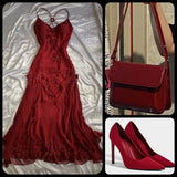 Vintage Mermaid Spaghetti Straps Burgundy Long Evening Dresses With Beads HZ0311