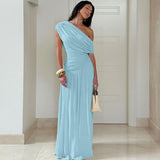 Women's Cocktail Party Gowns Sheath One Shoulder With Pleated Ruched Light Sky Blue Long Graduation Dinner Outfits Prom Dresses HZ0311