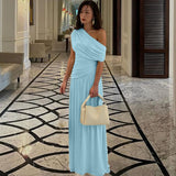 Women's Cocktail Party Gowns Sheath One Shoulder With Pleated Ruched Light Sky Blue Long Graduation Dinner Outfits Prom Dresses HZ0311