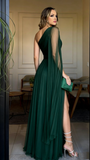 Women's Cocktail Party Gowns A line One Shoulder Dark Green Tulle With Slit Pleated Long Graduation Dinner Outfit Prom Dresses HZ0311