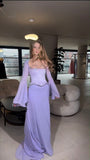 Elegant Mermaid 2 Pieces Square Neck Lilac Chiffon With Sleeves Long Formal Fancy Evening Dress Dinner Outfits Classy Party Gowns HZ0311