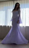 Elegant Mermaid 2 Pieces Square Neck Lilac Chiffon With Sleeves Long Formal Fancy Evening Dress Dinner Outfits Classy Party Gowns HZ0311
