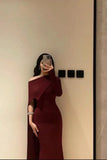 Elegant Mermaid One Shoulder Burgundy With Sleeves Winter Long Formal Ideas Prom Evening Dress Dinner Outfits Party Gowns For Women HZ0311