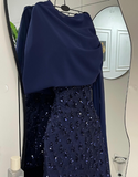 Elegant Sheath Navy Blue Sequins With Cape Long Formal Fancy Prom Evening Dress Dinner Outfits Classy Party Gowns HZ0311