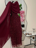 Elegant Sheath Navy Blue Sequins With Cape Long Formal Fancy Prom Evening Dress Dinner Outfits Classy Party Gowns HZ0311