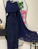 Elegant Sheath Navy Blue Sequins With Cape Long Formal Fancy Prom Evening Dress Dinner Outfits Classy Party Gowns HZ0311