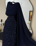 Elegant Sheath Navy Blue Sequins With Cape Long Formal Fancy Prom Evening Dress Dinner Outfits Classy Party Gowns HZ0311