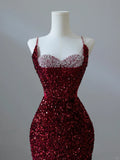 Sparkly Mermaid Spaghetti Straps Sequins Burgundy Long Formal Fancy Prom Evening Dress Dinner Outfits Classy Party Gowns HZ0311