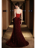 Sparkly Mermaid Spaghetti Straps Sequins Burgundy Long Formal Fancy Prom Evening Dress Dinner Outfits Classy Party Gowns HZ0311
