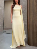 Classy Mermaid Square Neck Slim Yellow Long Formal Fancy Prom Evening Dresses Dinner Outfits Classy Party Gown HZ0311