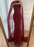 Elegant Mermaid Strapless Burgundy With Sequins Scarf Long Formal Fancy Evening Dress Dinner Outfits Classy Party Gowns HZ0311