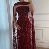 Elegant Mermaid Strapless Burgundy With Sequins Scarf Long Formal Fancy Evening Dress Dinner Outfits Classy Party Gowns HZ0311