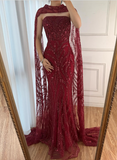 Elegant Mermaid Strapless Burgundy With Sequins Scarf Long Formal Fancy Evening Dress Dinner Outfits Classy Party Gowns HZ0311