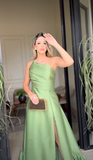 Classy Prom Dresses Inspiration A line One Shoulder Green Satin Long Semi Formal Dance Grad Prom Dresses For Teens HZ0311