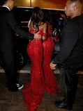 Glitter Mermaid Off The Shoulder Red Sequins Long Formal Fancy Prom Evening Dress Dinner Outfits Classy Party Gowns For Black Girls HZ0311