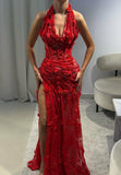 Modest Mermaid Halter Red Slit Lace Long Formal Prom Evening Dress Dinner Outfits Party Gowns For Teens Girls HZ0311