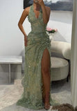 Modest Mermaid Halter Red Slit Lace Long Formal Prom Evening Dress Dinner Outfits Party Gowns For Teens Girls HZ0311