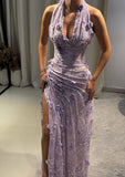 Modest Mermaid Halter Red Slit Lace Long Formal Prom Evening Dress Dinner Outfits Party Gowns For Teens Girls HZ0311