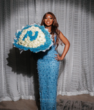 Glittery Mermaid Sweetheart Blue Sequin With Beaded For Black Girls Women Long Formal Prom Evening Dress Dinner Outfits Party Gowns HZ0311