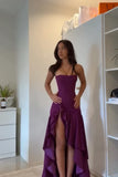 Classy High Low Strapless Grape Satin Slit Prom Dresses Party Dress Long Evening Dresses HZ0311