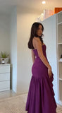Classy High Low Strapless Grape Satin Slit Prom Dresses Party Dress Long Evening Dresses HZ0311