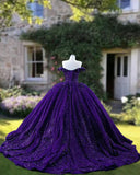 Chic Ball Gown Off The Shoulder Grape Sequins Long Formal Fancy Prom Evening Dress Dinner Outfits Party Gowns For Teens Girls HZ0311