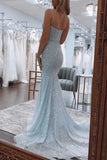 Sexy Prom Dresses 1950s Mermaid Spaghetti Straps Light Sky Blue Sequins Long Parties Gowns Evening Dress HZ0311