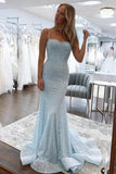 Sexy Prom Dresses 1950s Mermaid Spaghetti Straps Light Sky Blue Sequins Long Parties Gowns Evening Dress HZ0311