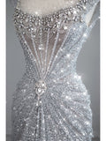 Modest Mermaid Square Neck Sequins With Beaded Silver Gray Prom Dresses Inspiration Long Party Evening Dress 19th Birthday Outfits HZ0311