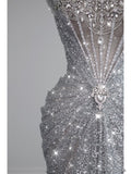Modest Mermaid Square Neck Sequins With Beaded Silver Gray Prom Dresses Inspiration Long Party Evening Dress 19th Birthday Outfits HZ0311