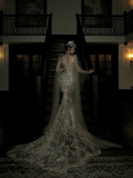 Glittery Mermaid Silver Sequin Long Court Train Wedding Dress With Cape Fairytale Brides Gown Wedding Dresses HZ0311