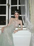 Glitter A line Strapless Green With Beaded Crystals Prom Dress Aesthetic Long Graduation Evening Outfits HZ0311