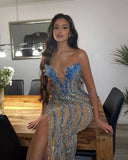 Gorgeous Mermaid Sweetheart Blue Slit Sequins Beaded Bodice Prom Dresses Long Formal Party Gown HZ0311