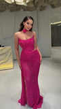 Mermaid Prom Dresses Strapless Sexy Special Slit Dress Sequins Hot Pink Party Gowns HZ0311