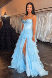 Attractive Ball Gown Basque Waist Corset Ruffle Blue Slit Prom Dresses HZ0311