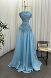 Gorgeous Chic Blue Strapless Sleeveless A Line Long Prom Dresses With Pleated Formal Gowns HZ0311