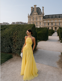 Elegant A line Halter Yellow Prom Dresses Chiffon Pleated Ruffle Formal Evening Dress Party Gowns HZ0311