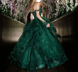 Modest Ball Gown Off The Shoulder Tulle Lace Appliqued Dark Green Long Prom Dress Evening Formal Gowns HZ0311